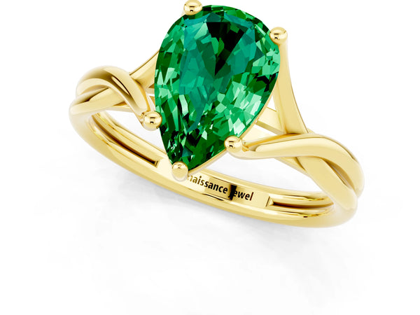 Yellow gold Pear Cut Emerald Solitaire Twist Band Prong Setting Ring