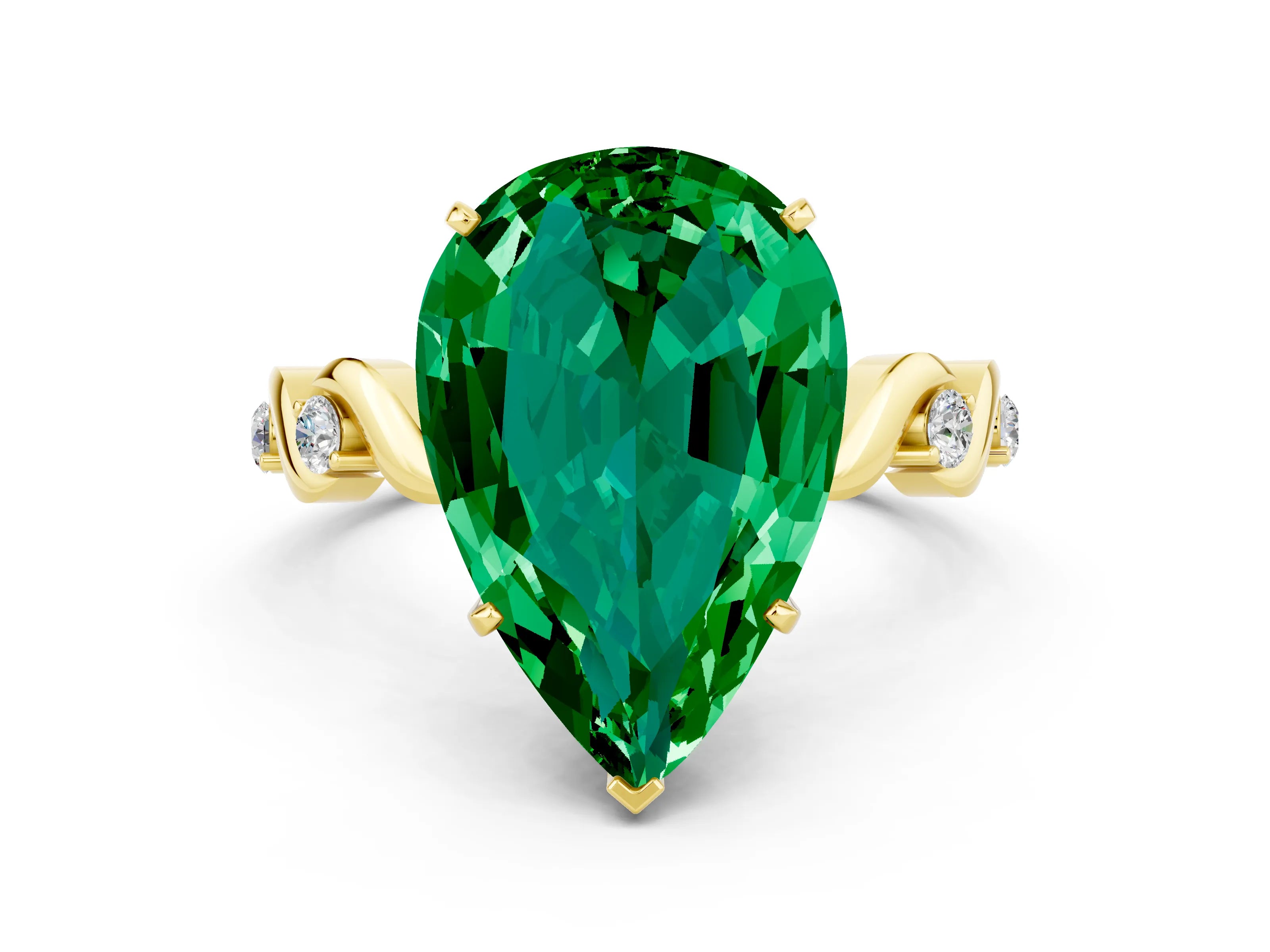 Yellow gold Pear Cut Emerald Solitaire Twisted Band with Round  Accents and Prong Setting_12