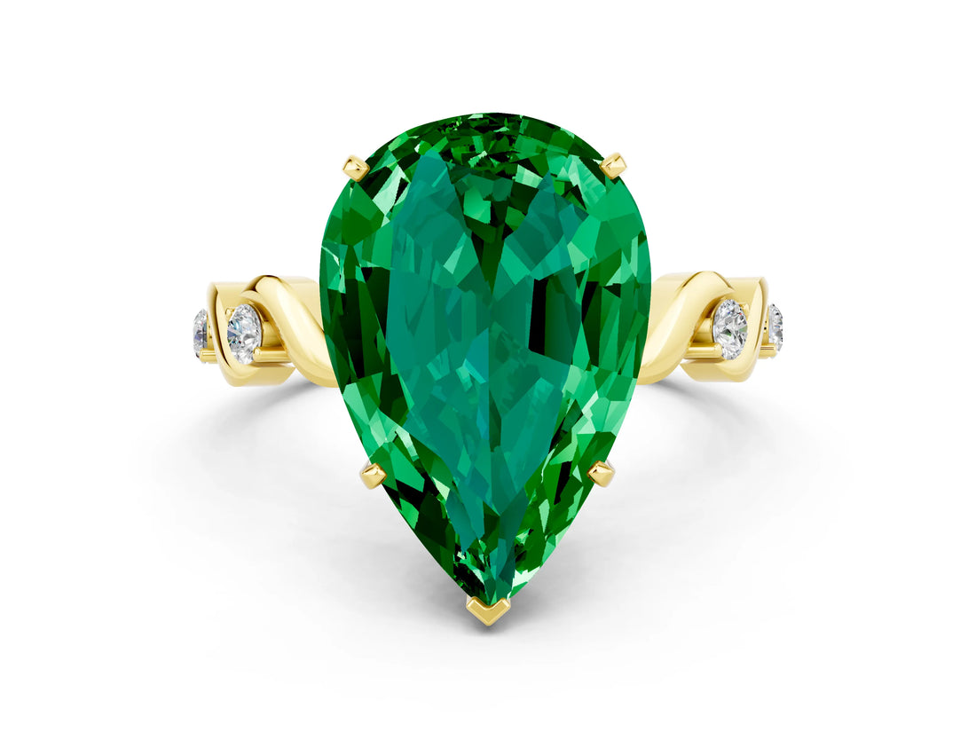 Yellow gold Pear Cut Emerald Solitaire Twisted Band with Round  Accents and Prong Setting_12