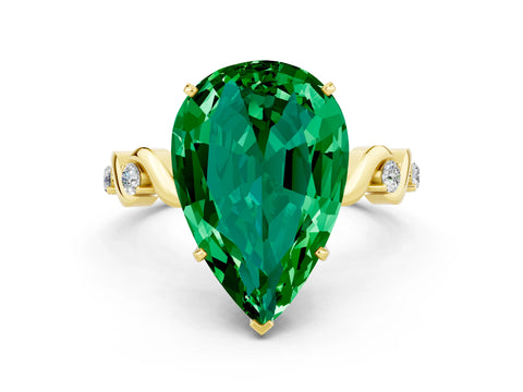 Yellow gold Pear Cut Emerald Solitaire Twisted Band with Round  Accents and Prong Setting_12
