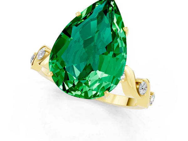 Yellow gold Pear Cut Emerald Solitaire Twisted Band with Round  Accents and Prong Setting