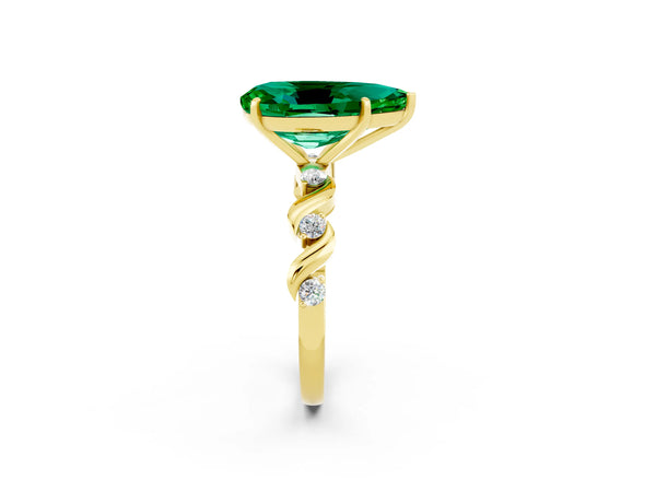Yellow gold Pear Cut Emerald Solitaire Twisted Band with Round  Accents and Prong Setting