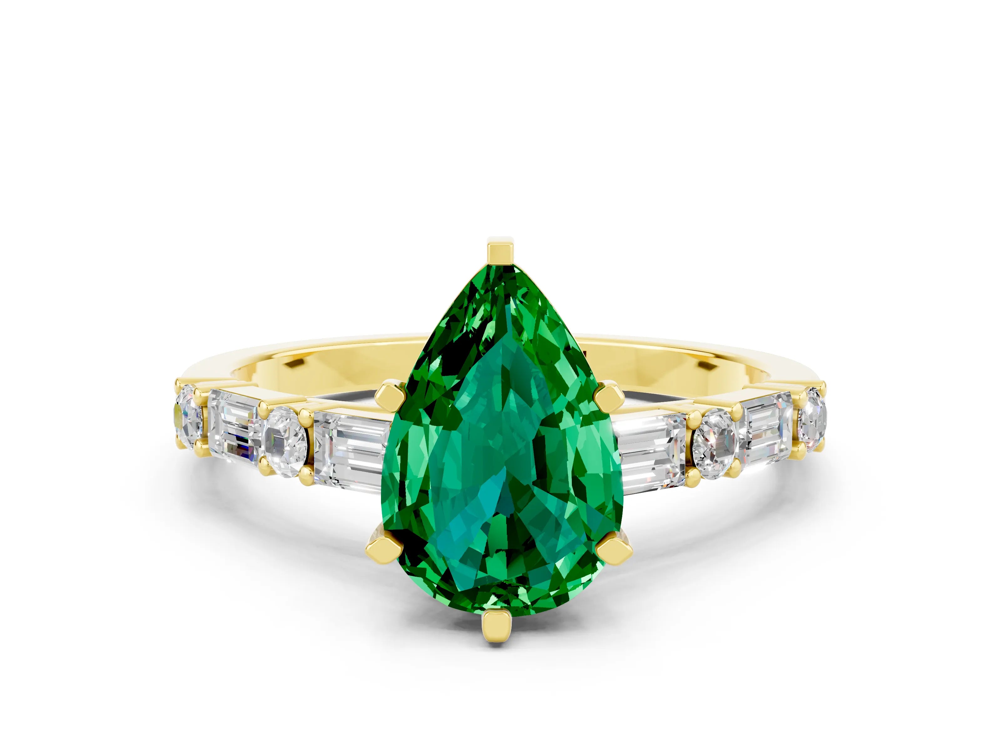 Yellow gold Pear Cut Emerald Solitaire with Side Baguettes and Channel Set Band