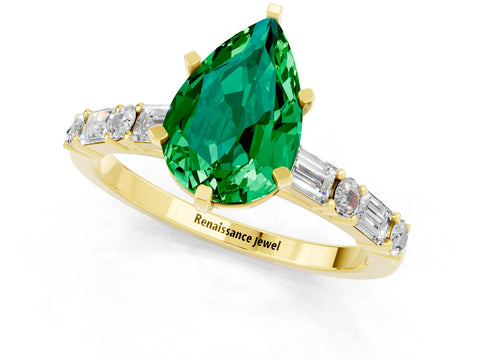 Yellow gold Pear Cut Emerald Solitaire with Side Baguettes and Channel Set Band_1