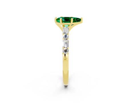 Yellow gold Pear Cut Emerald Solitaire with Side Baguettes and Channel Set Band_2