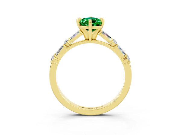 Yellow gold Pear Cut Emerald Solitaire with Side Baguettes and Channel Set Band