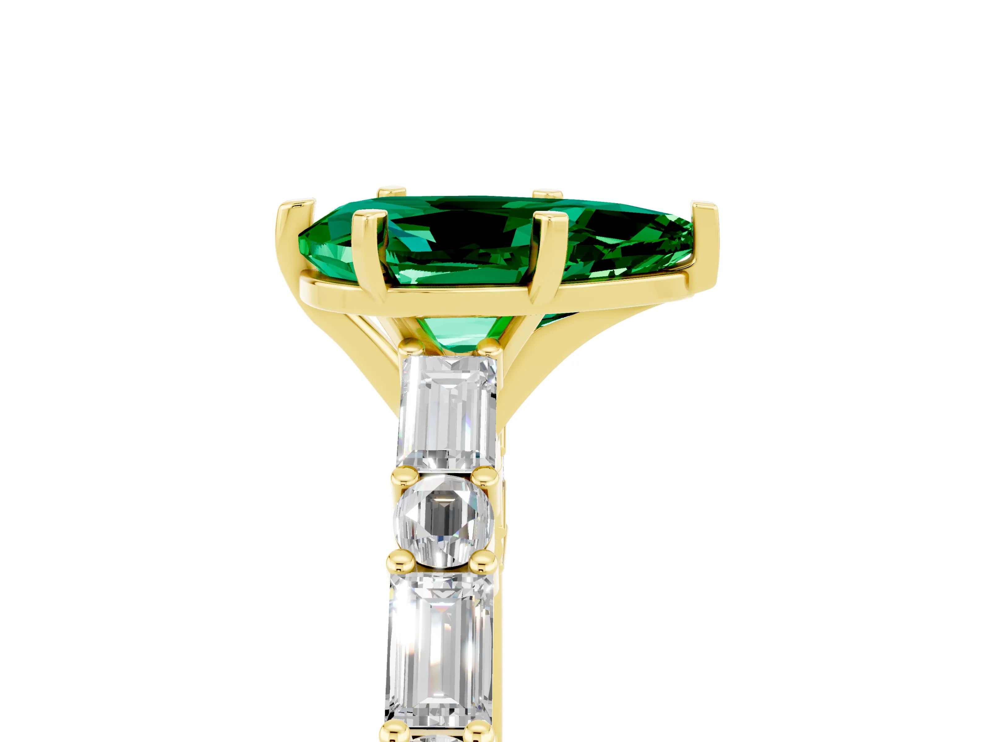 Yellow gold Pear Cut Emerald Solitaire with Side Baguettes and Channel Set Band_5