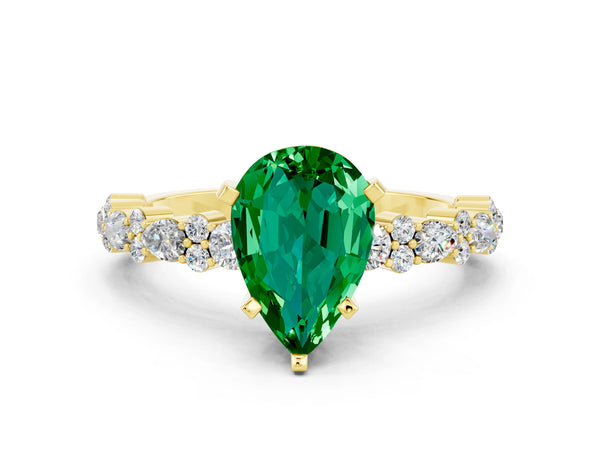 Yellow gold Pear Cut Emerald Side Stone Solitaire Ring with Round  and Four-Prong Setting