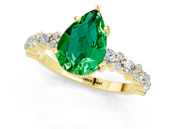 Yellow gold Pear Cut Emerald Side Stone Solitaire Ring with Round  and Four-Prong Setting