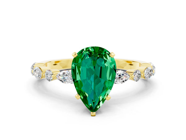 Yellow gold Pear Cut Emerald Ring with Marquise and Round  Side Stones and Four-Prong Setting