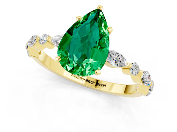 Yellow gold Pear Cut Emerald Ring with Marquise and Round  Side Stones and Four-Prong Setting