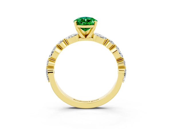 Yellow gold Pear Cut Emerald Ring with Marquise and Round  Side Stones and Four-Prong Setting
