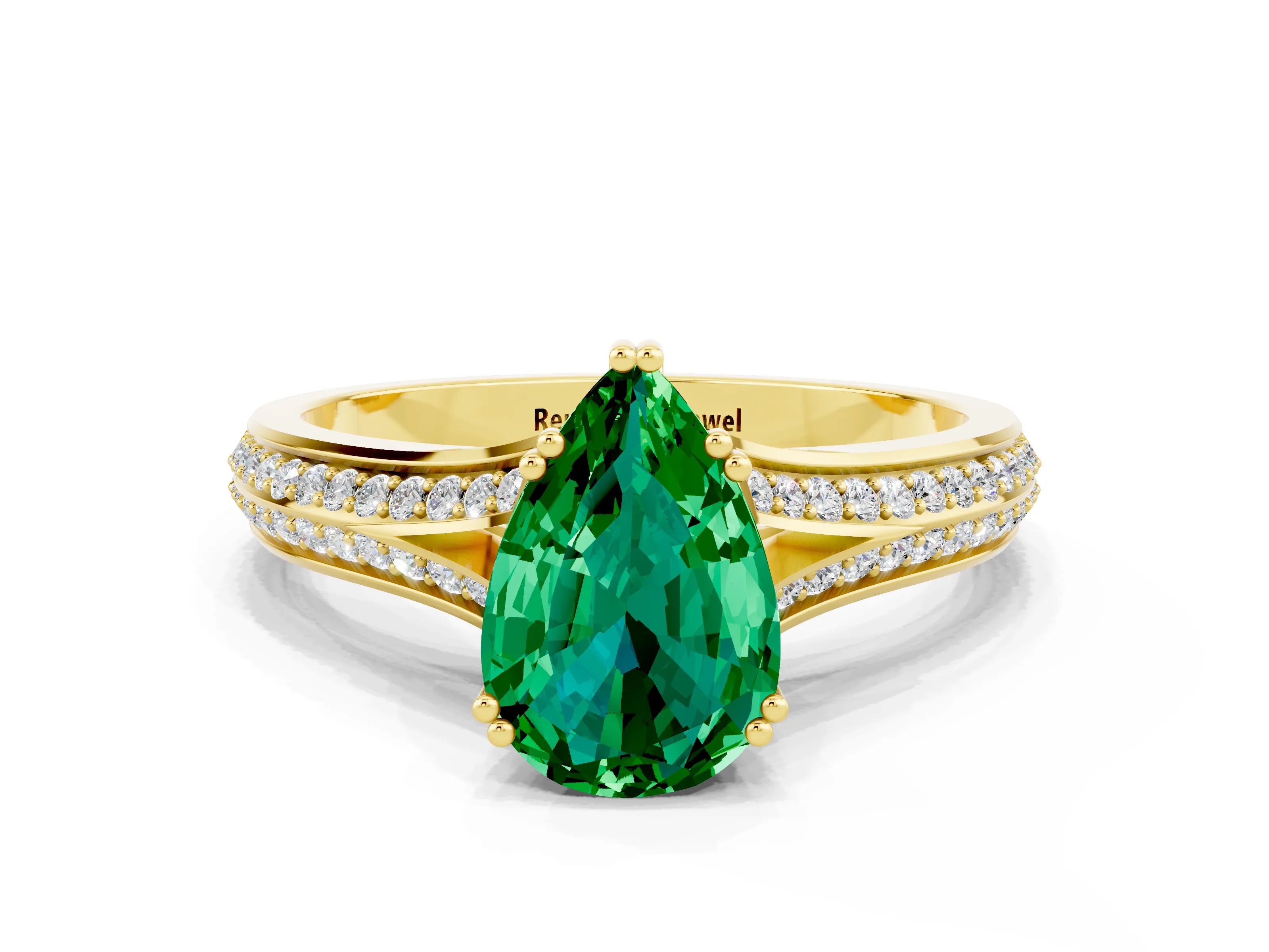 Yellow gold Pear Cut Emerald Split Shank Engagement Ring with Pavé Band