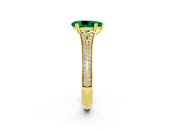 Yellow gold Pear Cut Emerald Split Shank Engagement Ring with Pavé Band