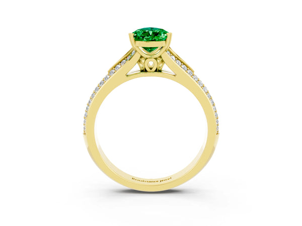Yellow gold Pear Cut Emerald Split Shank Engagement Ring with Pavé Band