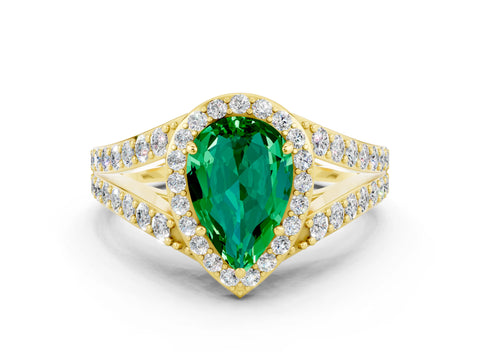 Yellow gold Pear Cut Emerald Split Shank Halo Ring with Four-Prong Setting_12