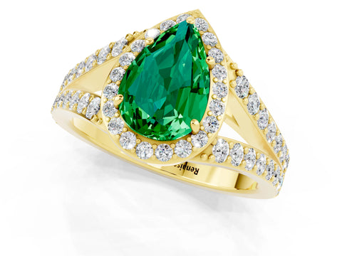 Yellow gold Pear Cut Emerald Split Shank Halo Ring with Four-Prong Setting_13