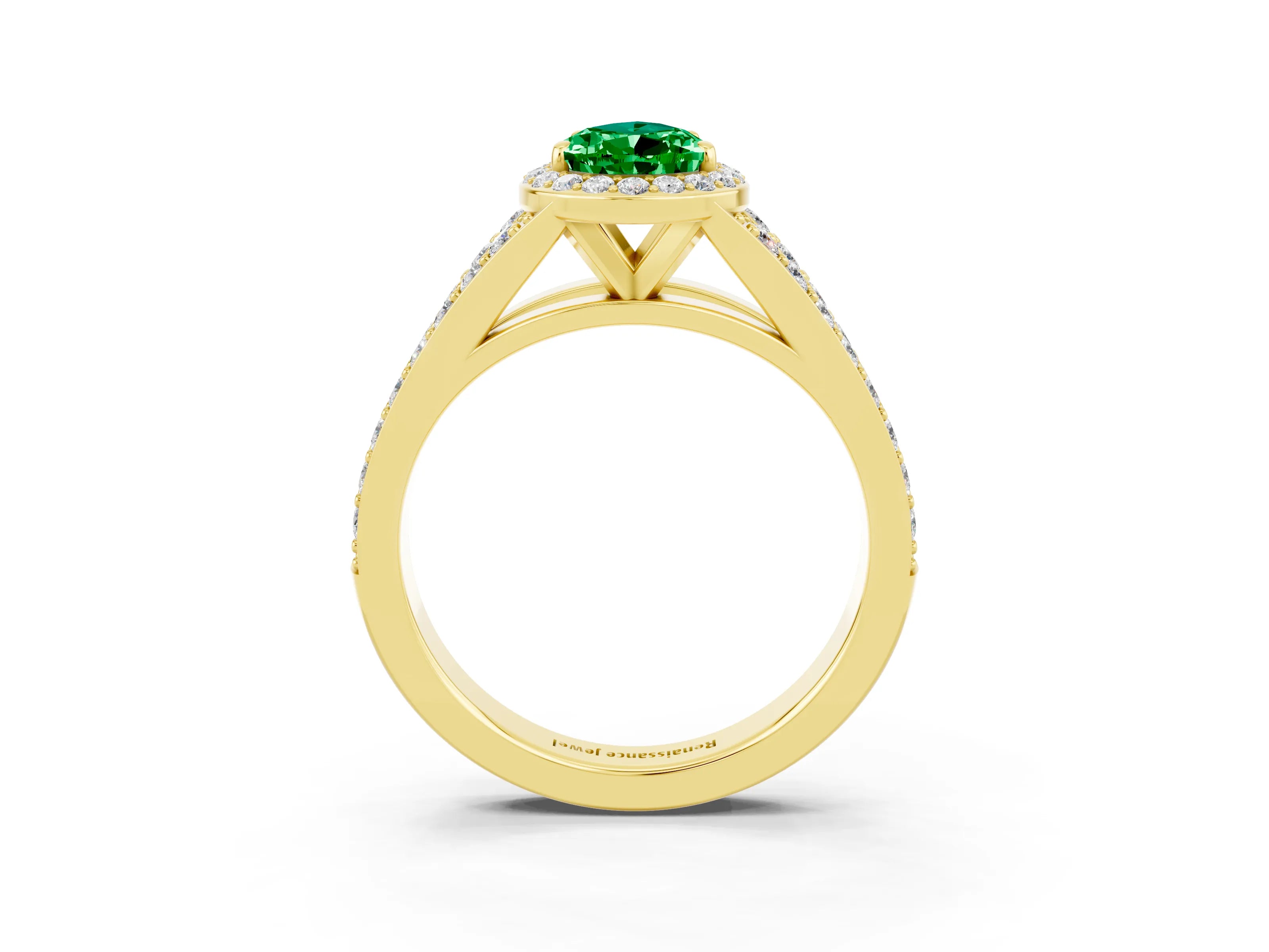 Yellow gold Pear Cut Emerald Split Shank Halo Ring with Four-Prong Setting_15