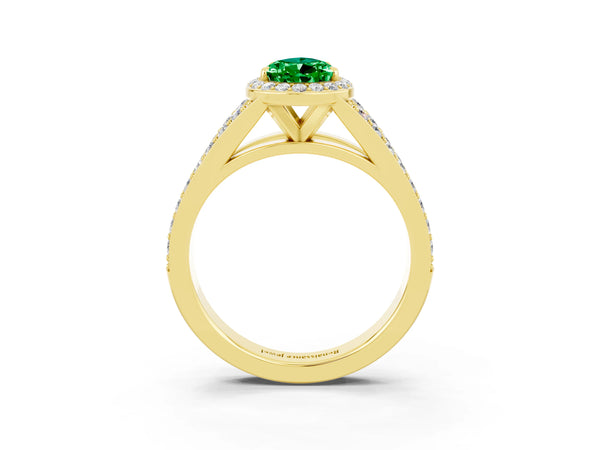 Yellow gold Pear Cut Emerald Split Shank Halo Ring with Four-Prong Setting
