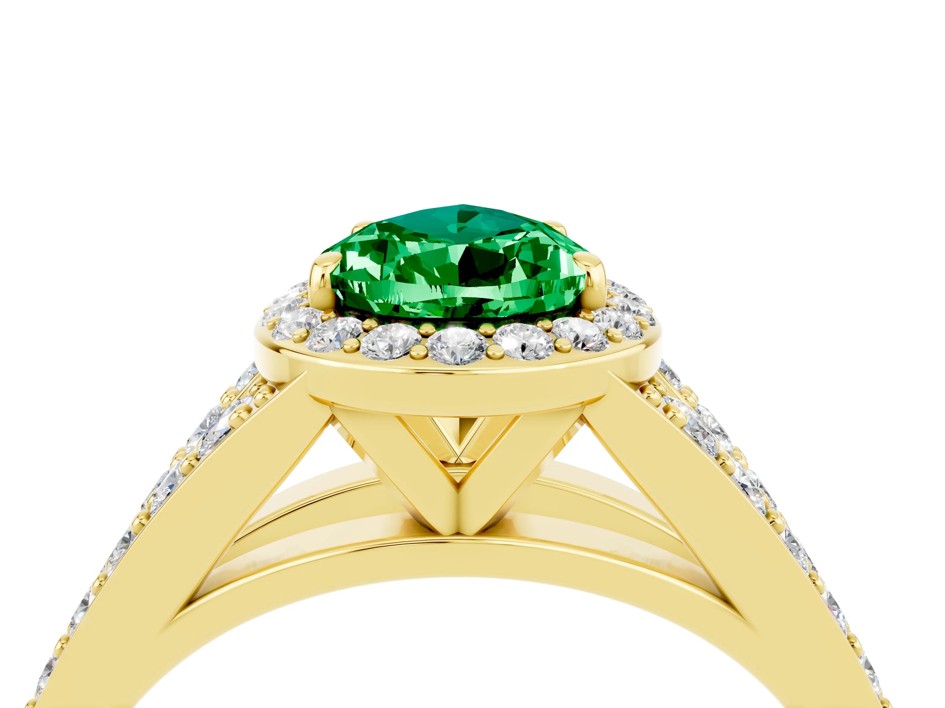 Yellow gold Pear Cut Emerald Split Shank Halo Ring with Four-Prong Setting_16