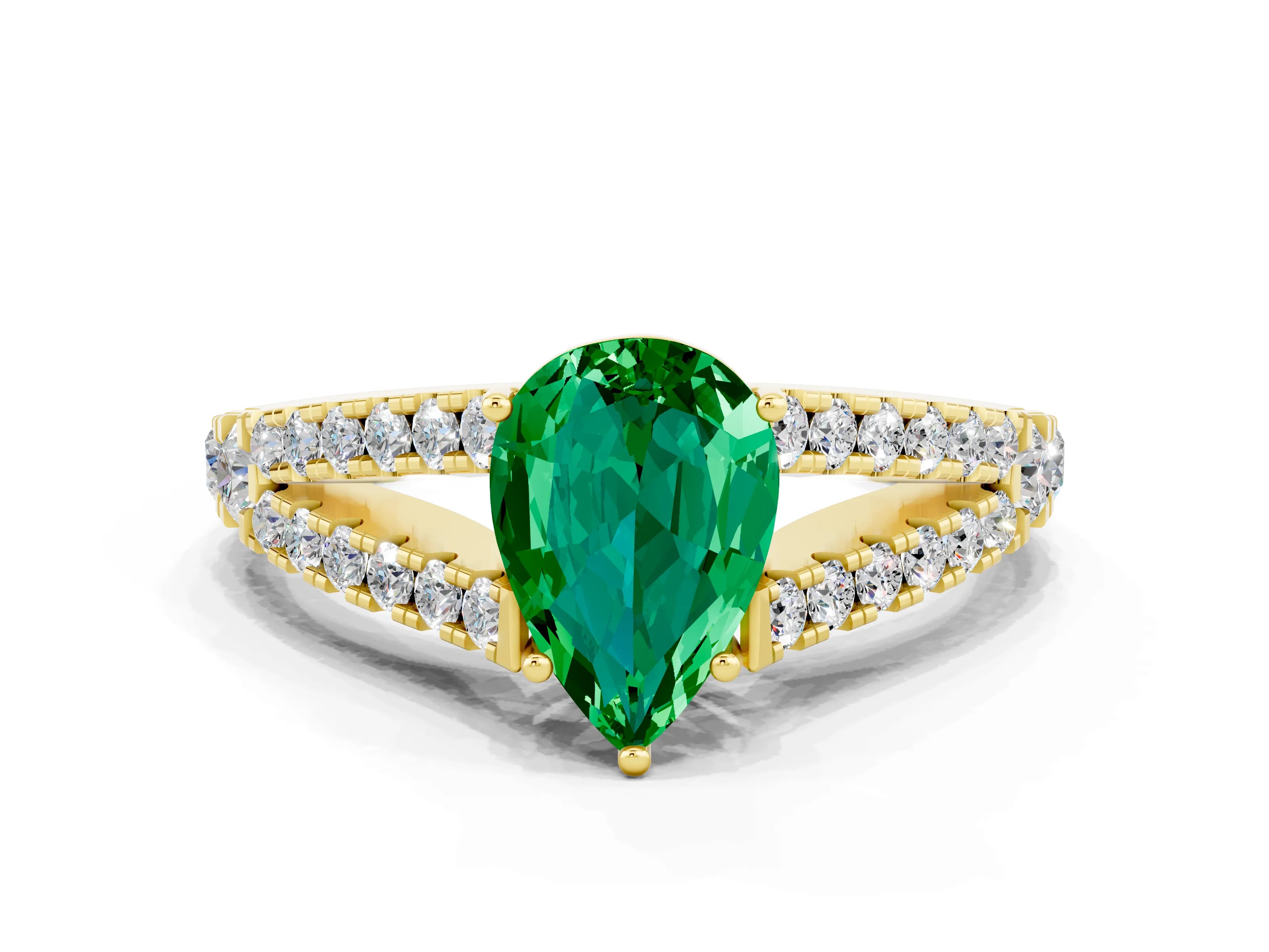 Yellow gold Pear Cut Emerald Split Shank Pavé Engagement Ring with Four-Prong Setting_12