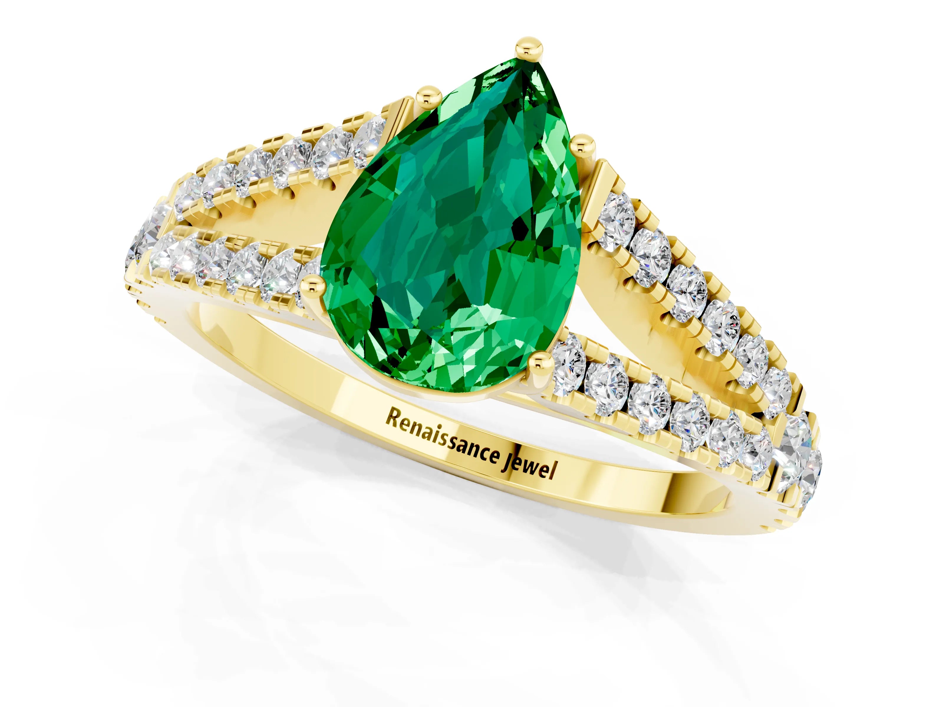 Yellow gold Pear Cut Emerald Split Shank Pavé Engagement Ring with Four-Prong Setting_13