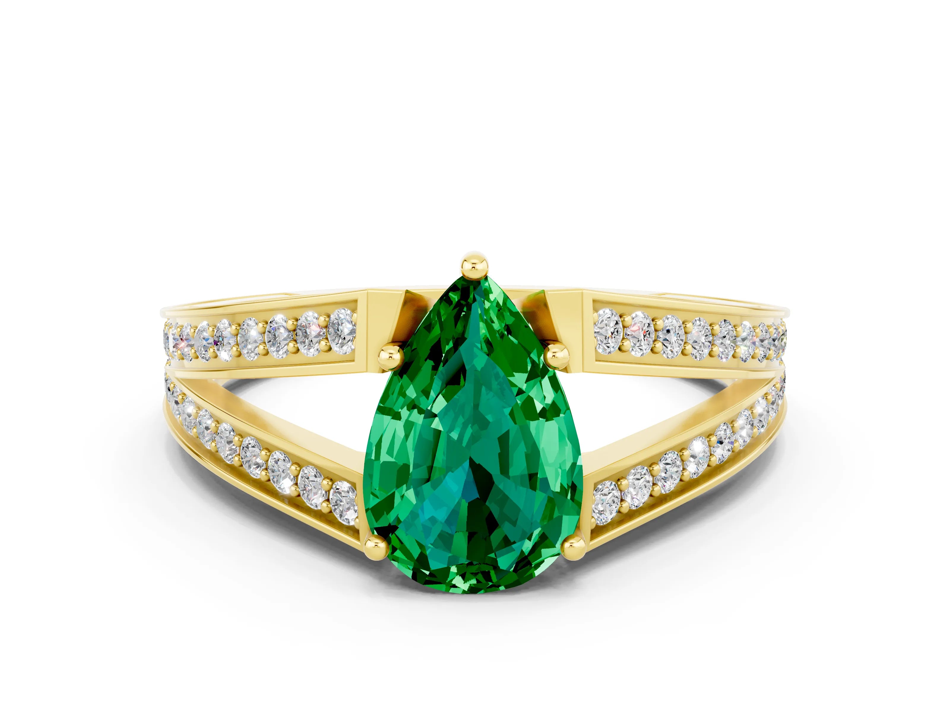 Yellow gold Pear Cut Emerald Split Shank Ring with Pavé Band and Four-Prong Setting