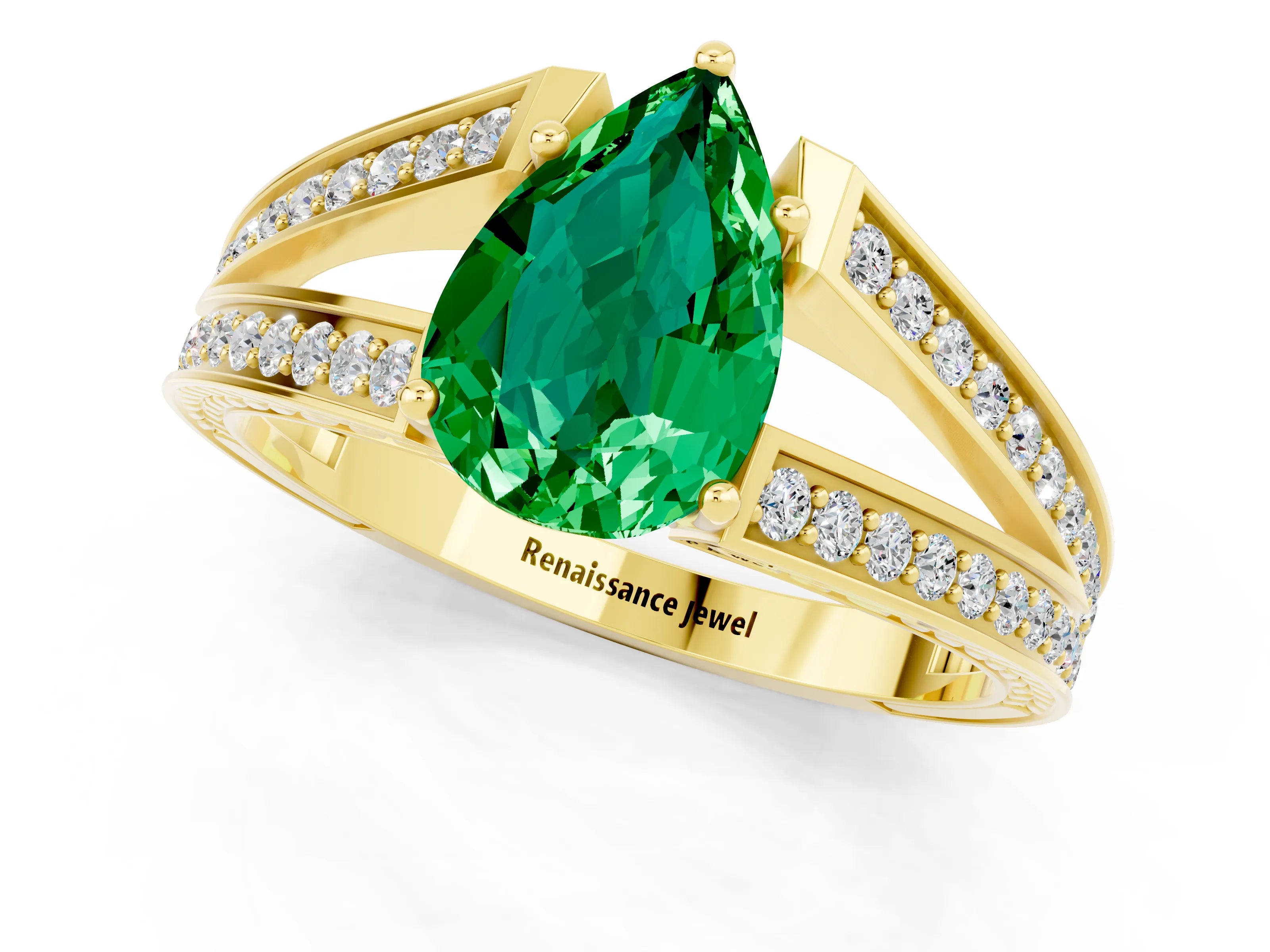 Yellow gold Pear Cut Emerald Split Shank Ring with Pavé Band and Four-Prong Setting_1