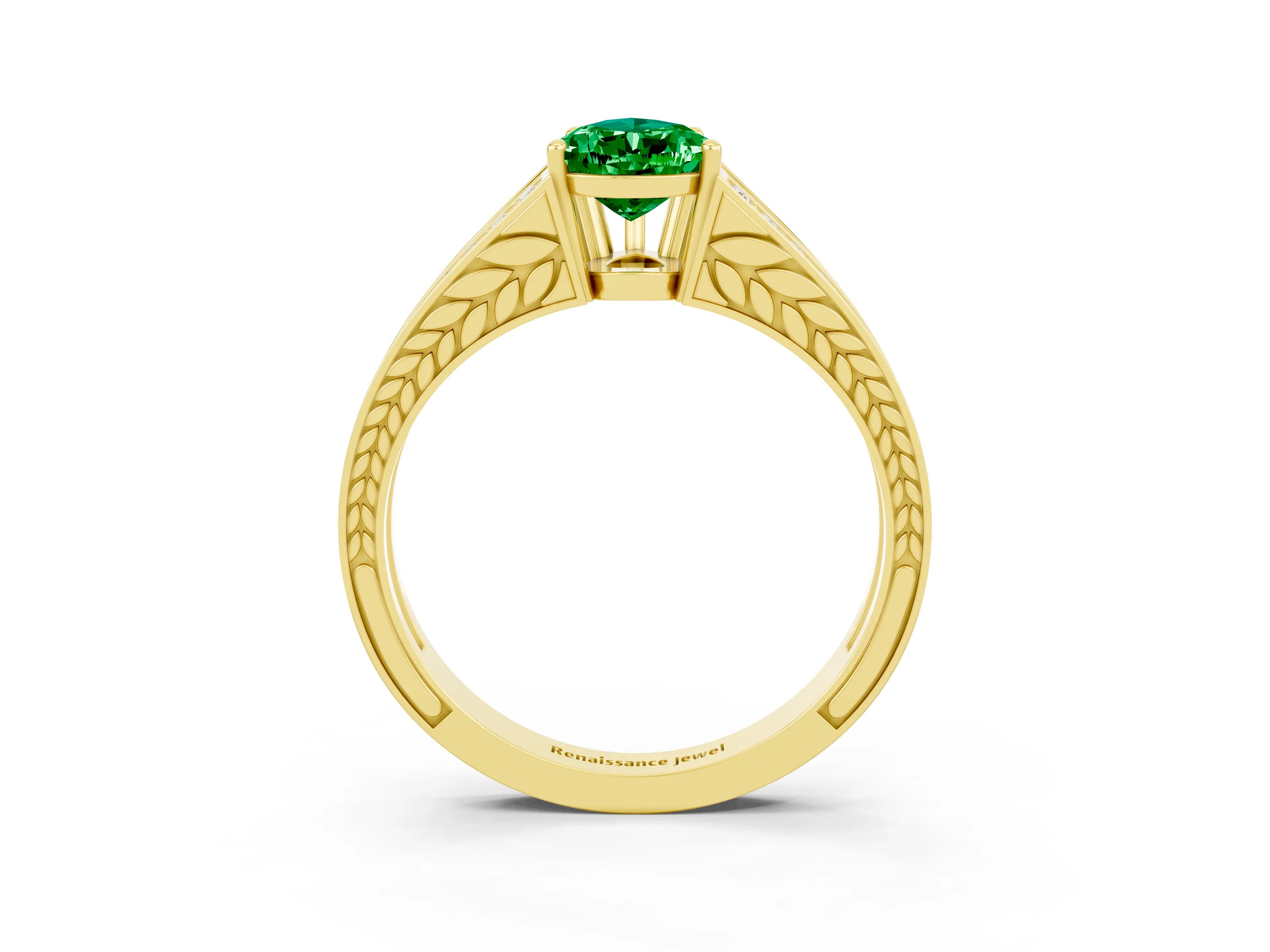 Yellow gold Pear Cut Emerald Split Shank Ring with Pavé Band and Four-Prong Setting_3
