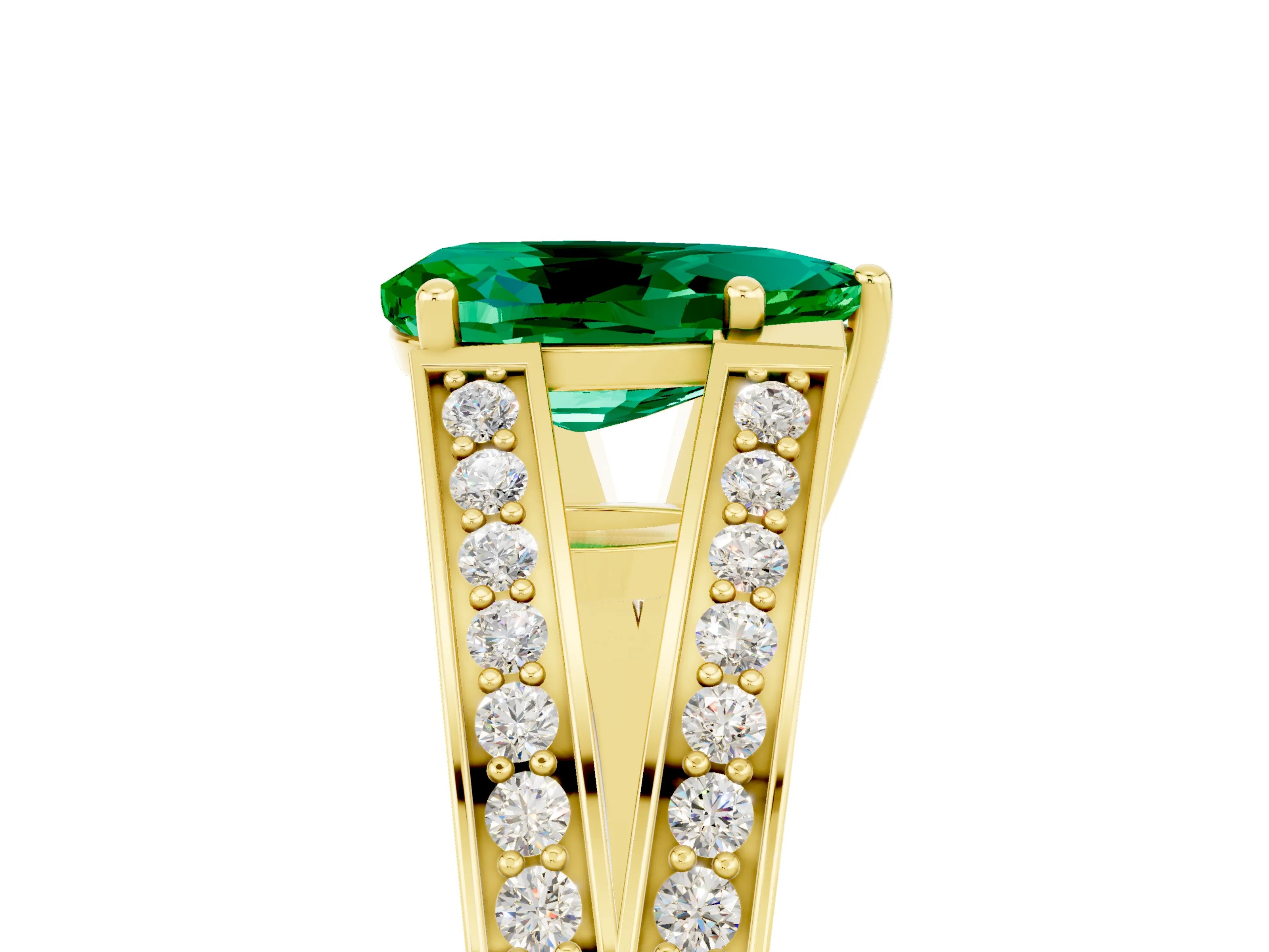 Yellow gold Pear Cut Emerald Split Shank Ring with Pavé Band and Four-Prong Setting_5