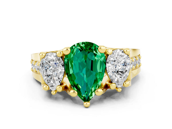 Yellow gold Pear Cut Emerald Three-Stone Ring with Channel Set Band and Four-Prong Setting