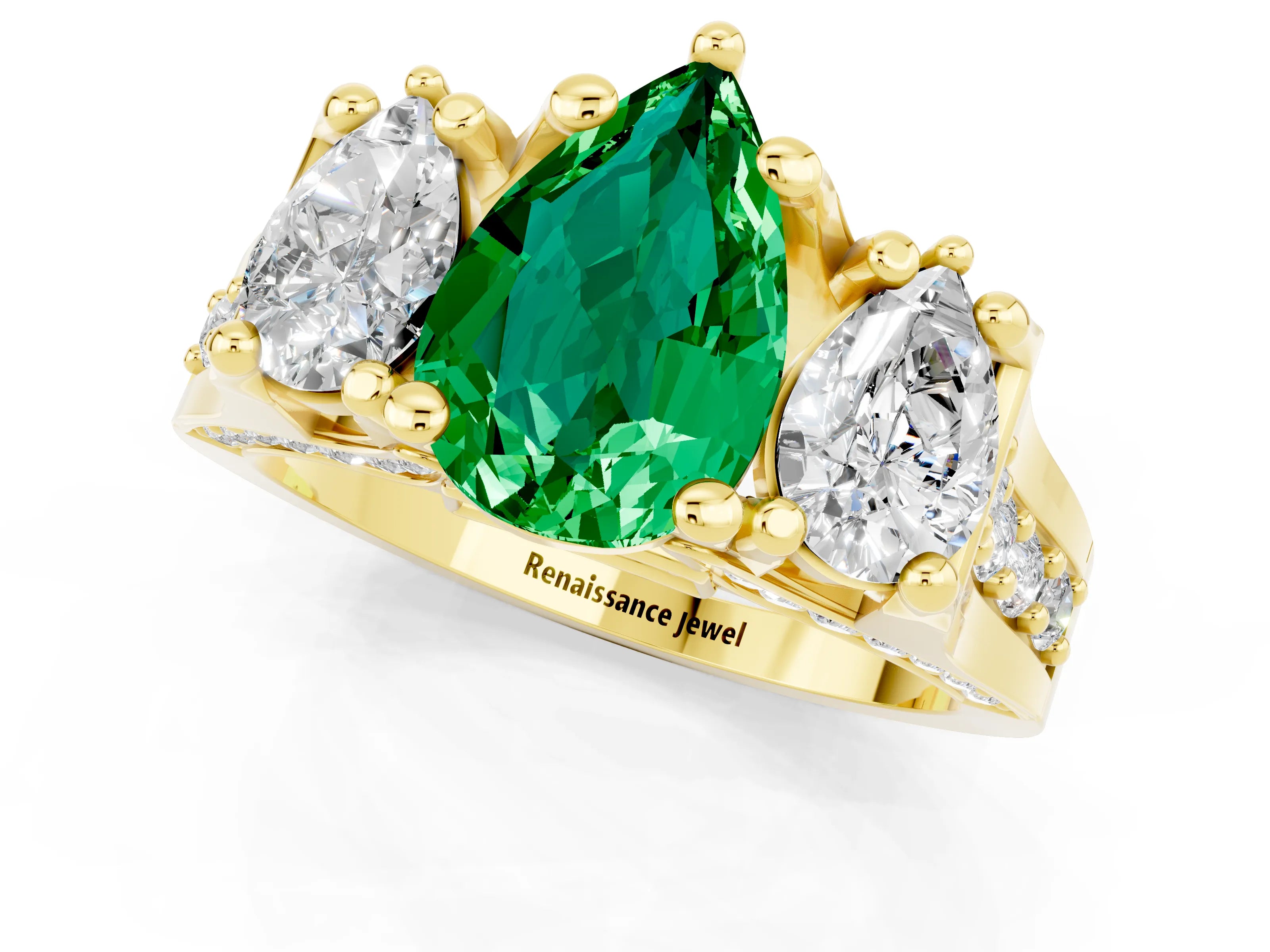 Yellow gold Pear Cut Emerald Three-Stone Ring with Channel Set Band and Four-Prong Setting_1