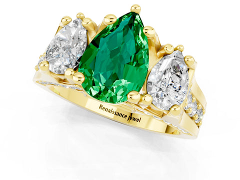 Yellow gold Pear Cut Emerald Three-Stone Ring with Channel Set Band and Four-Prong Setting_1