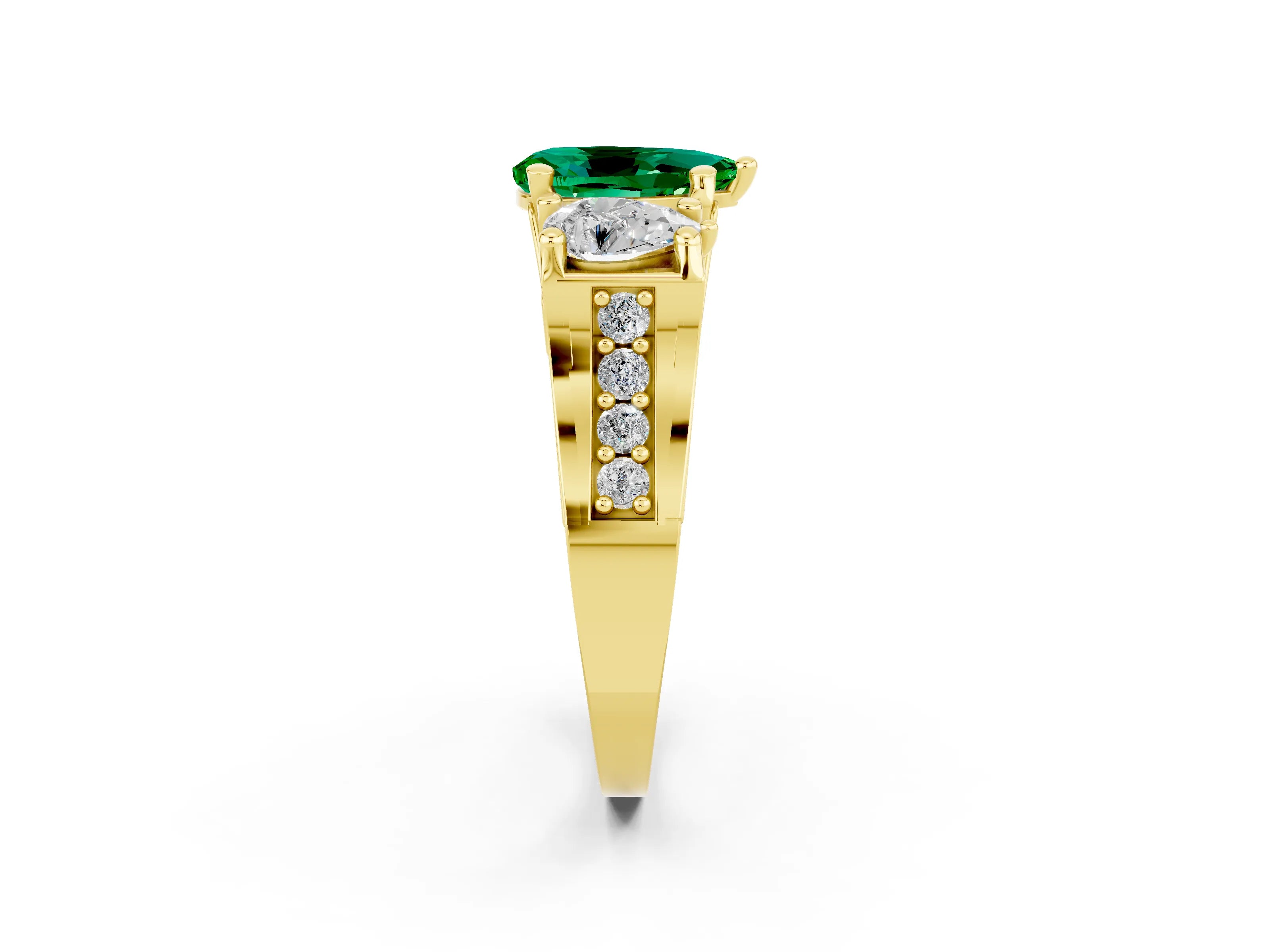 Yellow gold Pear Cut Emerald Three-Stone Ring with Channel Set Band and Four-Prong Setting_2
