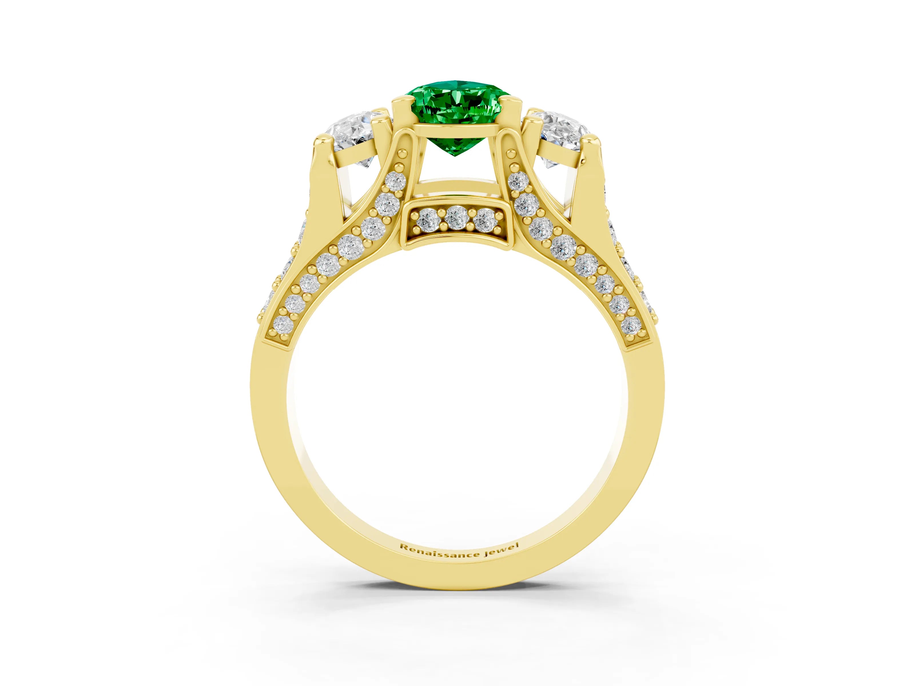 Yellow gold Pear Cut Emerald Three-Stone Ring with Channel Set Band and Four-Prong Setting_3