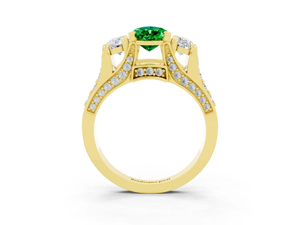 Yellow gold Pear Cut Emerald Three-Stone Ring with Channel Set Band and Four-Prong Setting