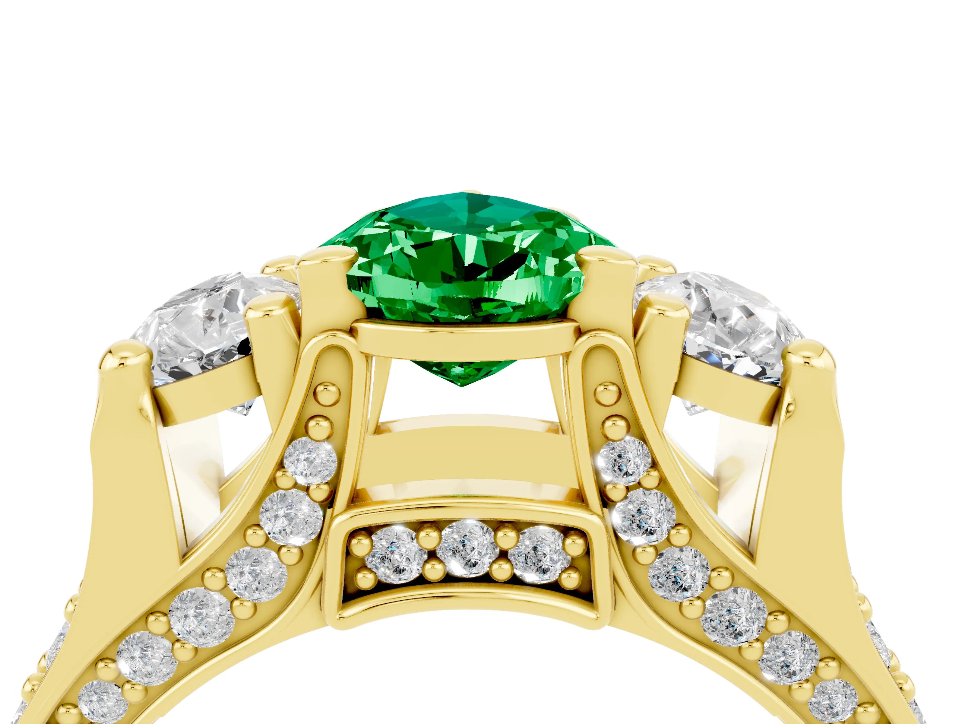 Yellow gold Pear Cut Emerald Three-Stone Ring with Channel Set Band and Four-Prong Setting_4