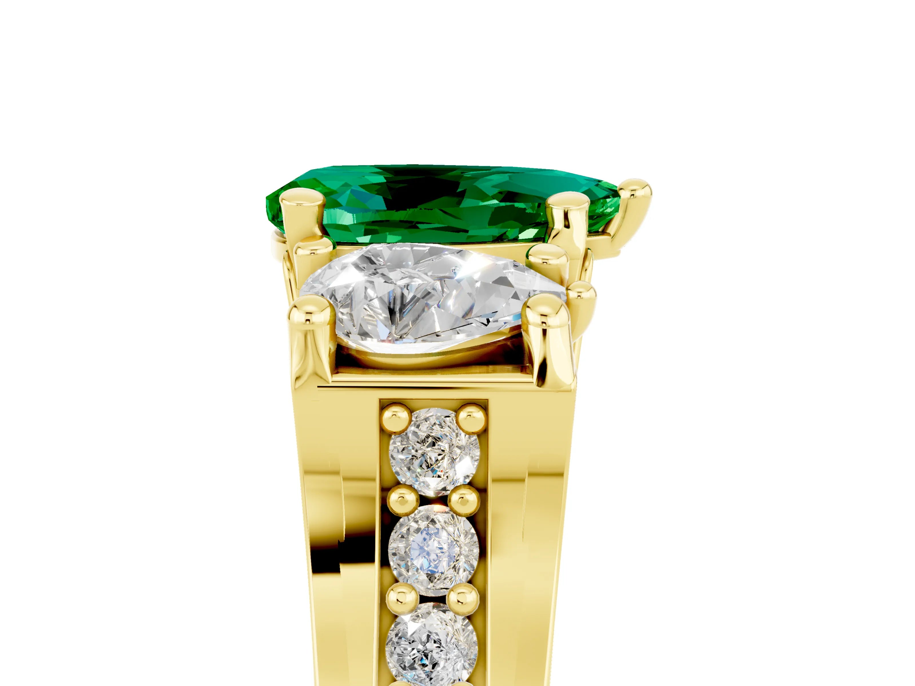 Yellow gold Pear Cut Emerald Three-Stone Ring with Channel Set Band and Four-Prong Setting_5