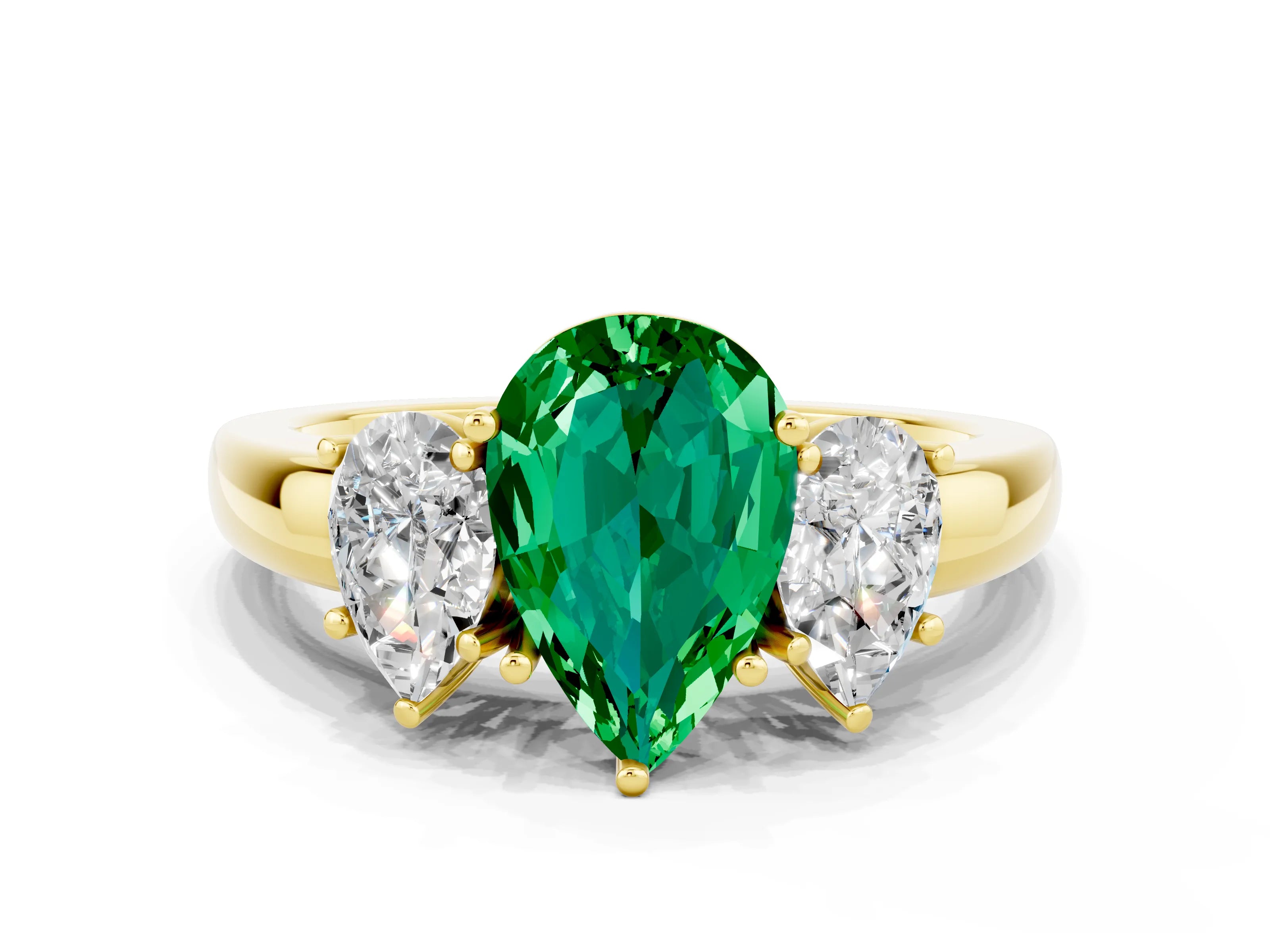 Yellow gold Pear Cut Emerald Three-Stone Ring with Four-Prong Setting and Classic Band
