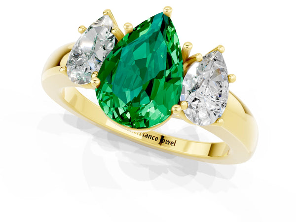Yellow gold Pear Cut Emerald Three-Stone Ring with Four-Prong Setting and Classic Band