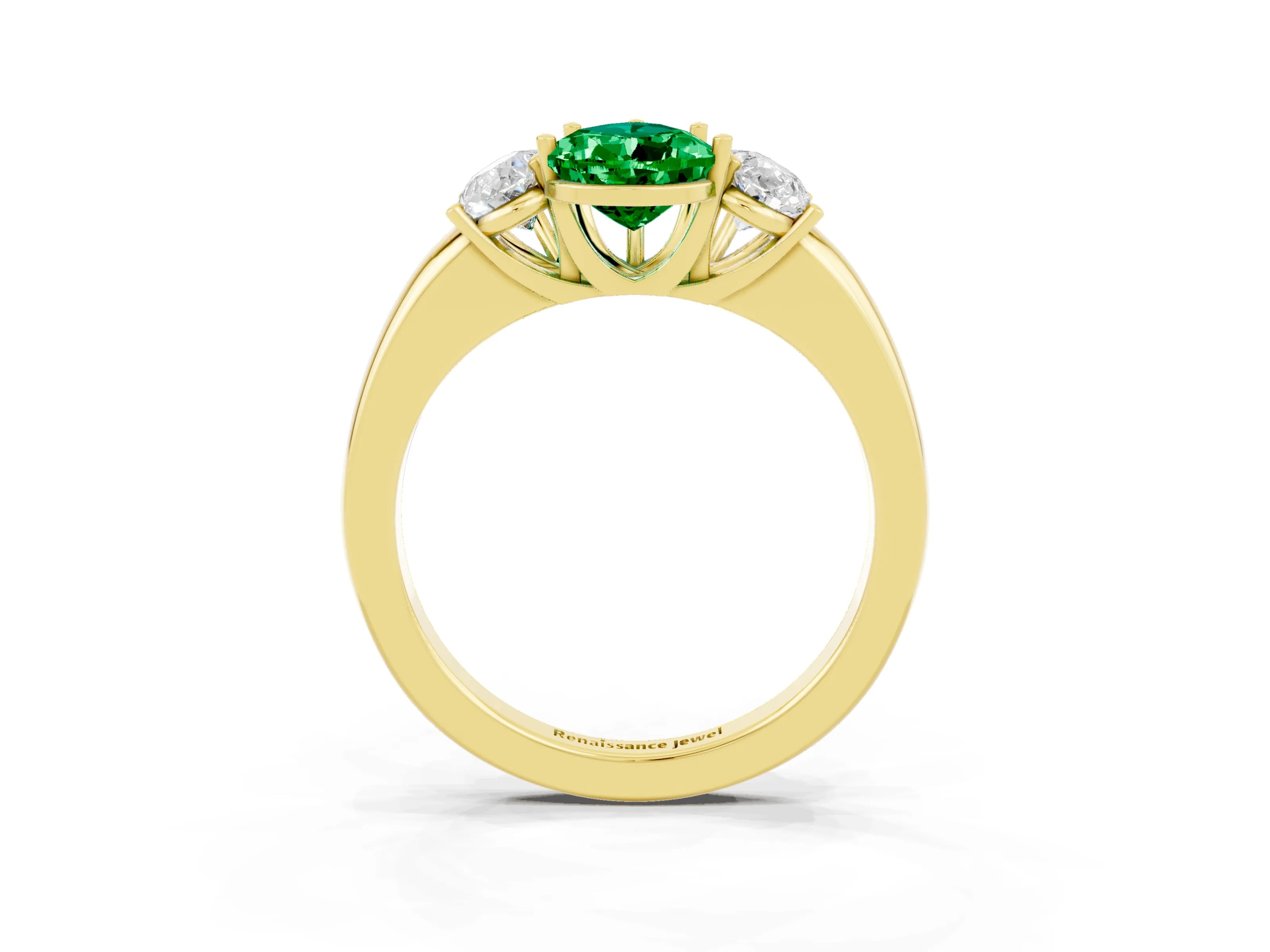 Yellow gold Pear Cut Emerald Three-Stone Ring with Four-Prong Setting and Classic Band_3