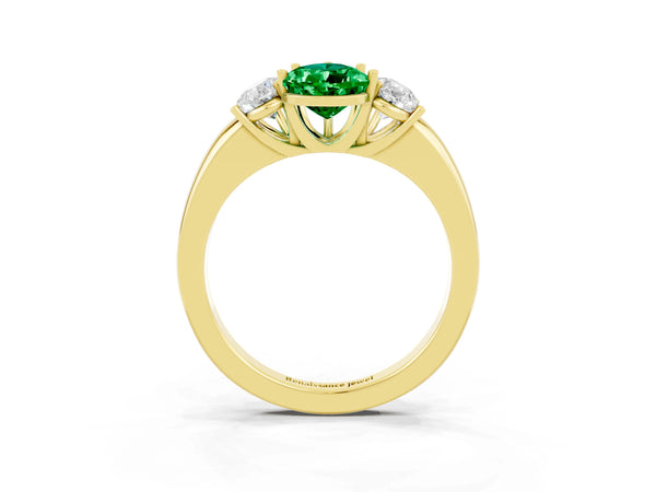 Yellow gold Pear Cut Emerald Three-Stone Ring with Four-Prong Setting and Classic Band