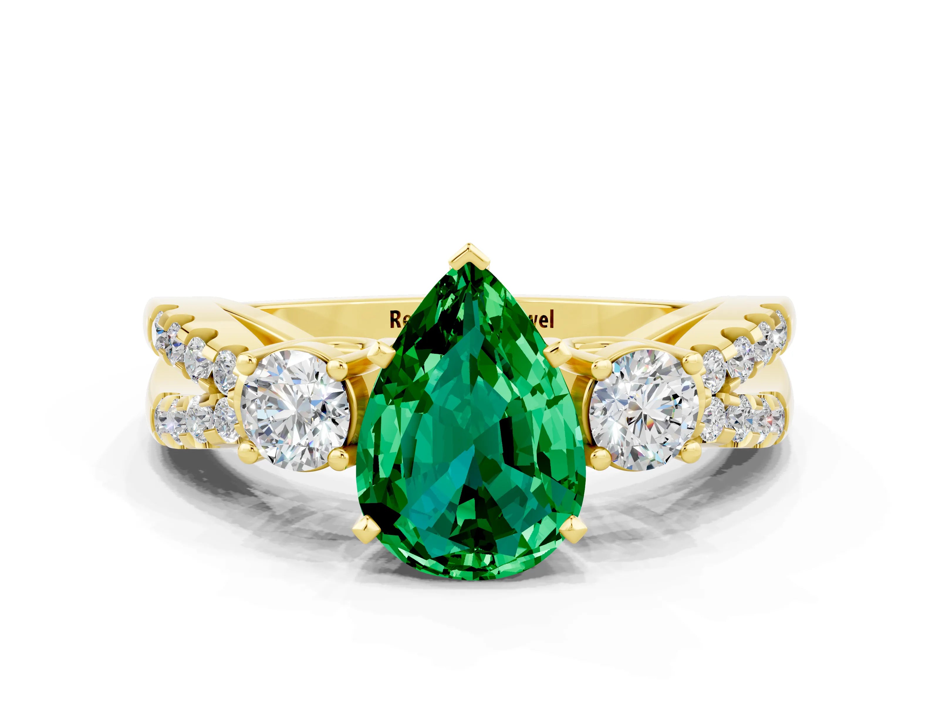 Yellow gold Pear Cut Emerald Three-Stone Ring with Pavé Split Shank and Four-Prong Setting_12