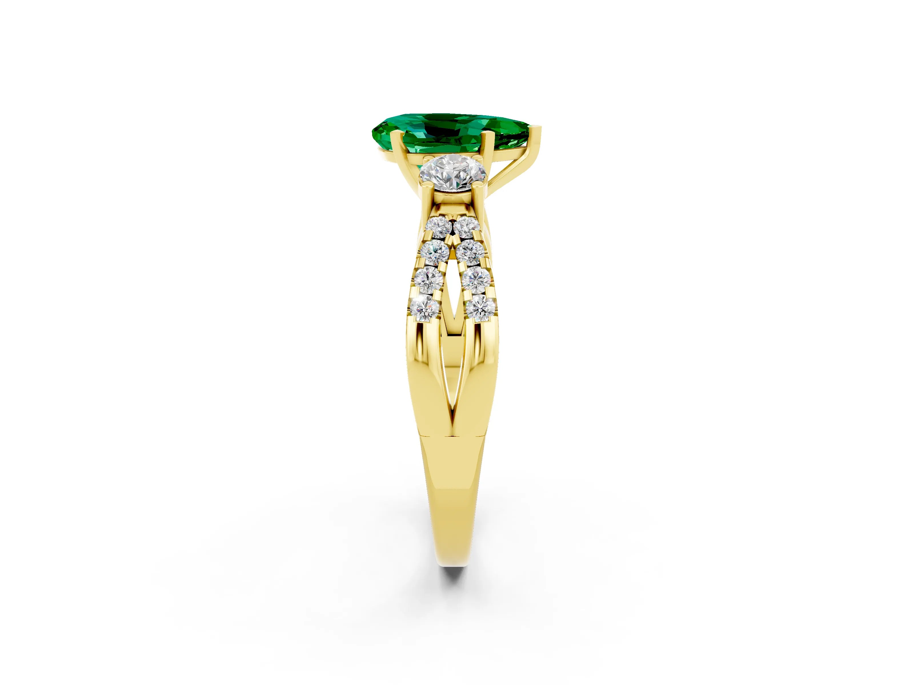 Yellow gold Pear Cut Emerald Three-Stone Ring with Pavé Split Shank and Four-Prong Setting_14
