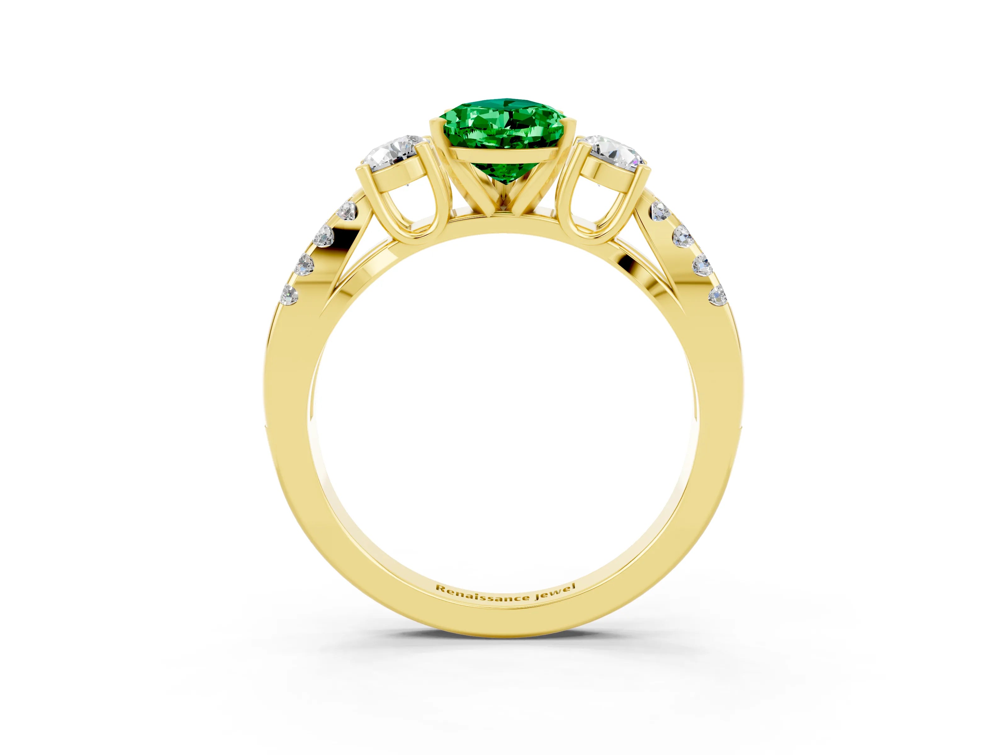 Yellow gold Pear Cut Emerald Three-Stone Ring with Pavé Split Shank and Four-Prong Setting_15