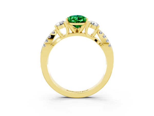 Yellow gold Pear Cut Emerald Three-Stone Ring with Pavé Split Shank and Four-Prong Setting