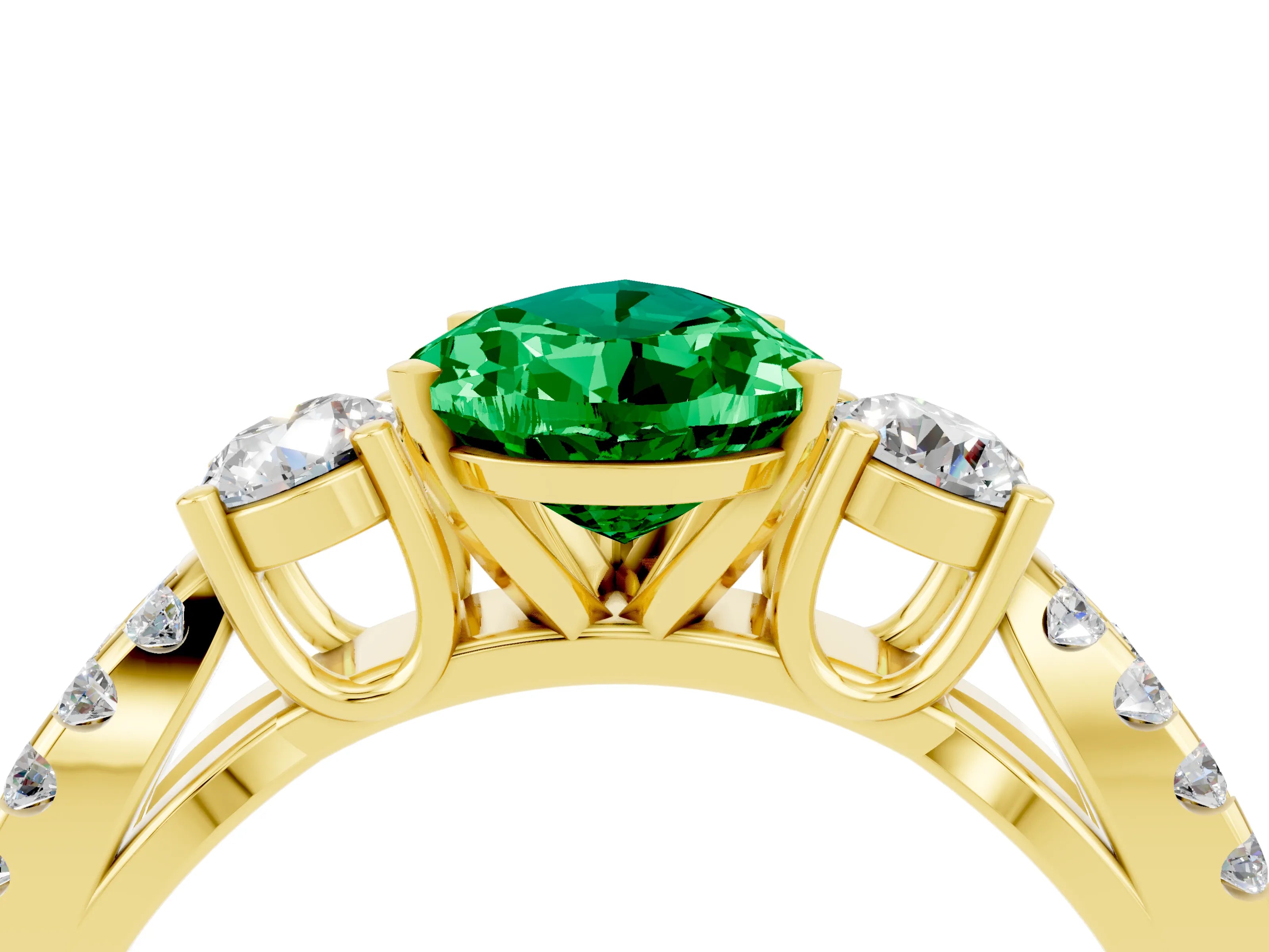 Yellow gold Pear Cut Emerald Three-Stone Ring with Pavé Split Shank and Four-Prong Setting_16