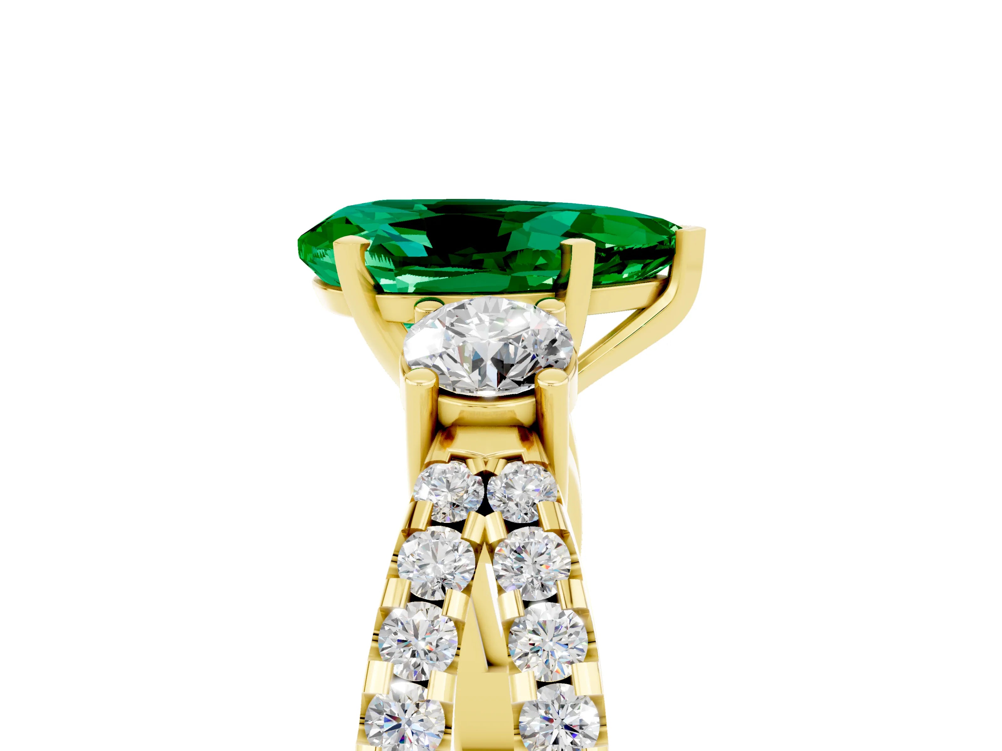 Yellow gold Pear Cut Emerald Three-Stone Ring with Pavé Split Shank and Four-Prong Setting_17
