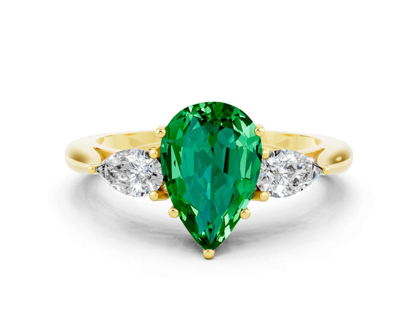 Yellow gold Pear Cut Emerald Three-Stone Ring with Pear  Side Stones and Prong Setting