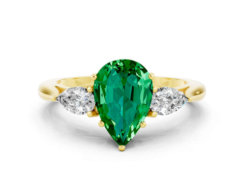 Yellow gold Pear Cut Emerald Three-Stone Ring with Pear Side Stones and Four-Prong Setting_12